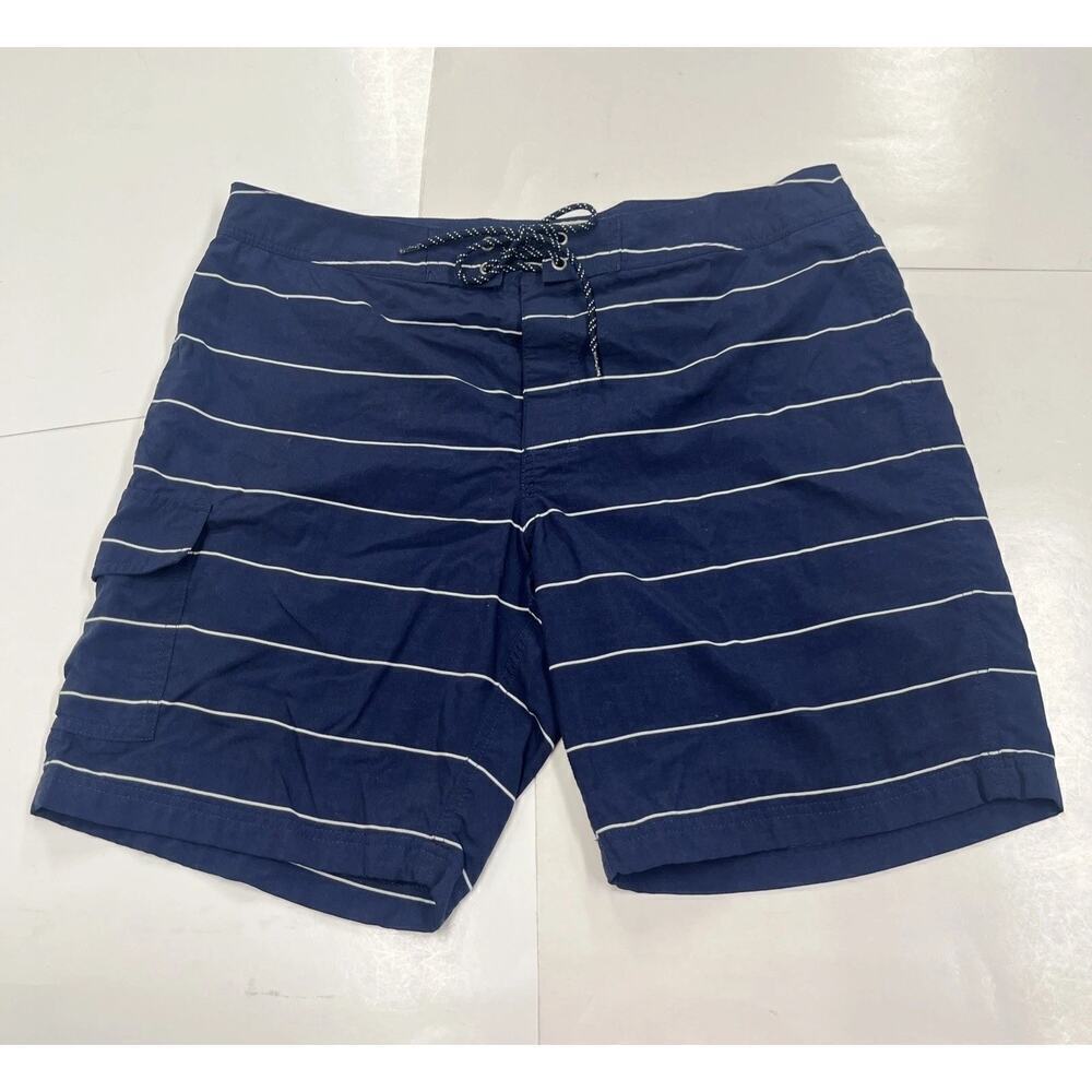 J Crew Mens Swim Trunks 34 Navy Blue Stripe Mesh Lined Swim Suit Swimming Shorts